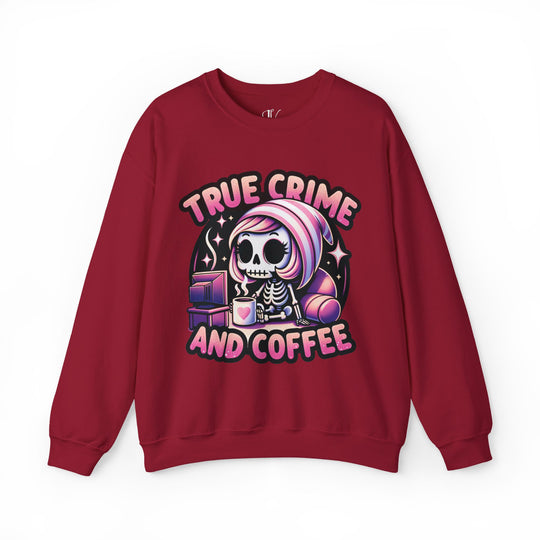 True Crime and Coffee: Skeleton Sweatshirt Sweatshirt Printify S Cardinal Red