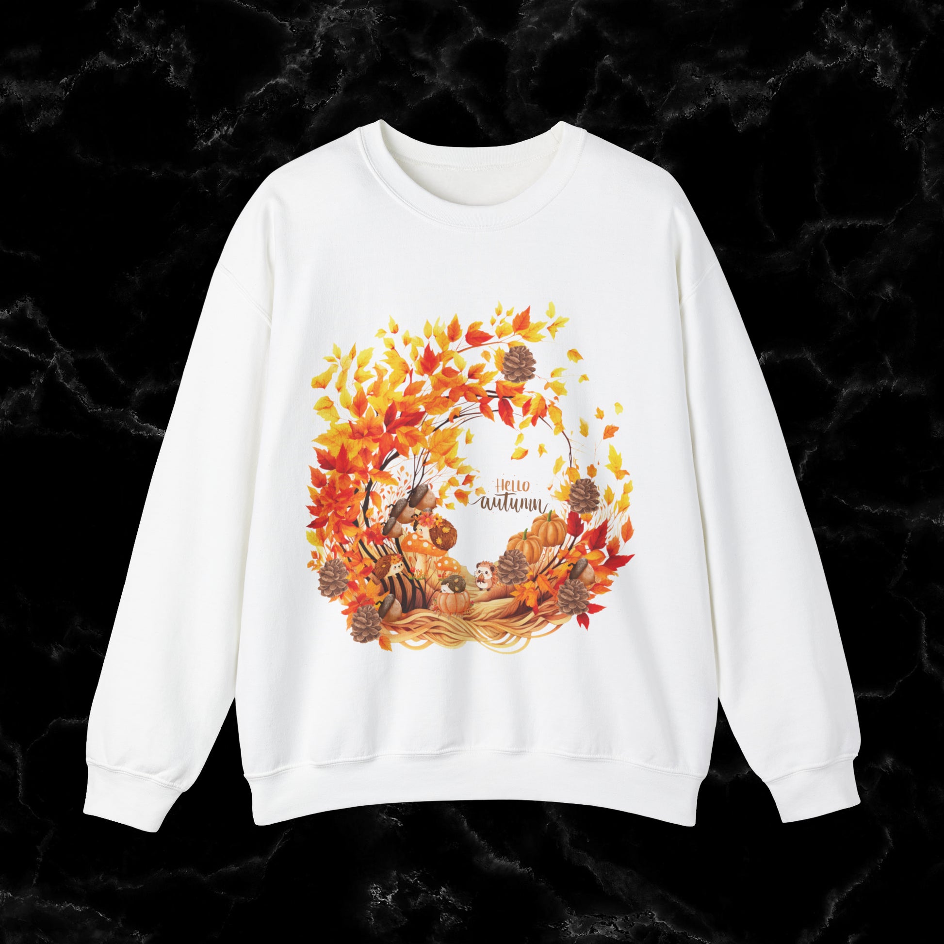 Hello Autumn Sweatshirt | Fall Design - Fall Seasonal Sweatshirt - Autumn Design Sweatshirt S White 