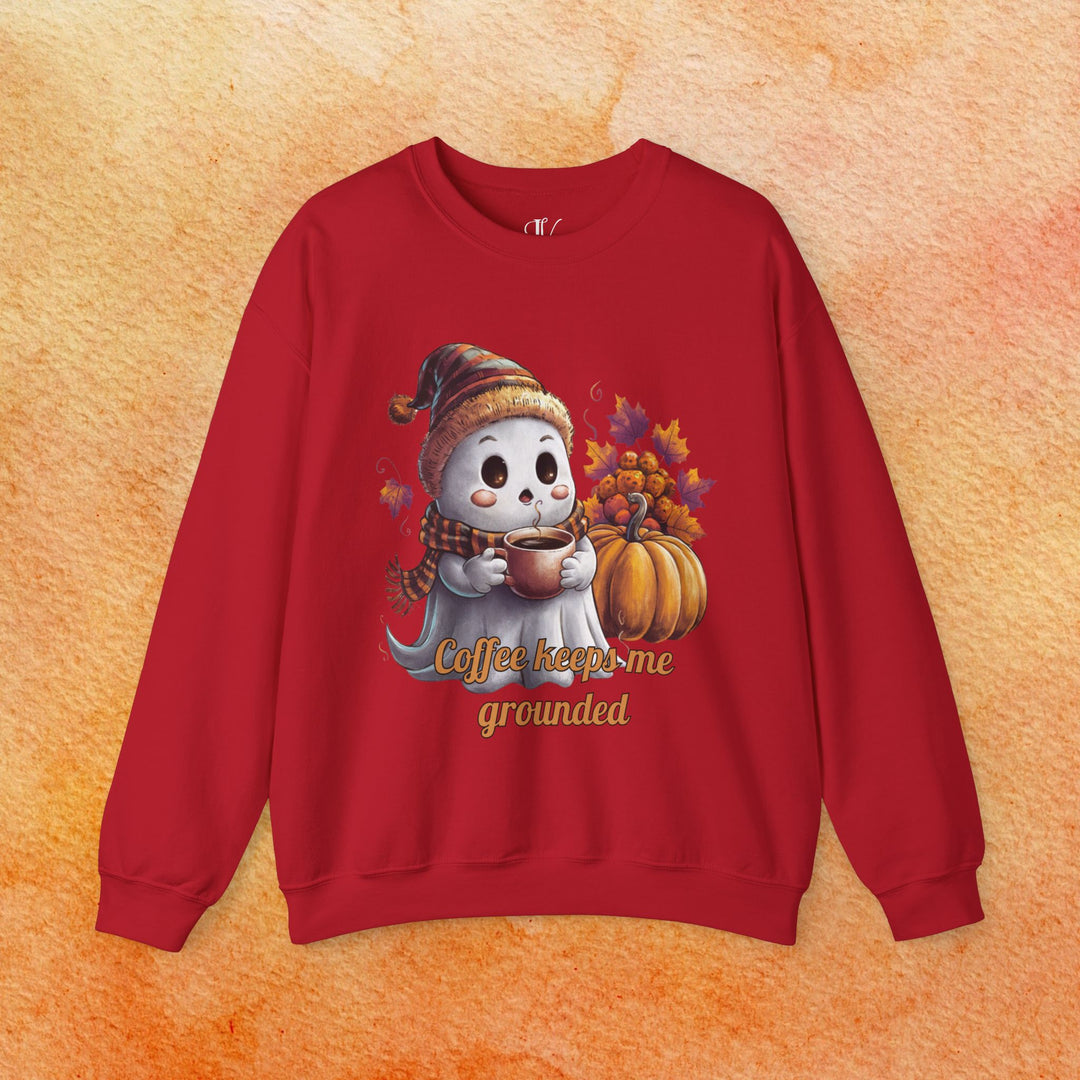 Ghostly Brew: Coffee Keeps Me Grounded Sweatshirt Sweatshirt Printify S Cherry Red