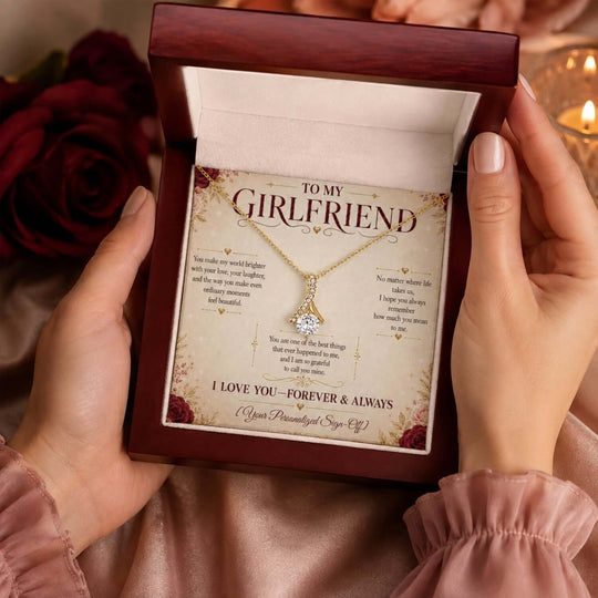 Alluring Beauty Necklace for girlfriend in a gift box with heartfelt message card and romantic design.