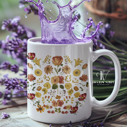 Pressed Flowers Mug - Boho Wildflowers Cottagecore Coffee Mug - Vintage Botanical Tea Cup - Pastel Floral Nature Mug - Flower Garden Lover Gift Mug 11oz White 