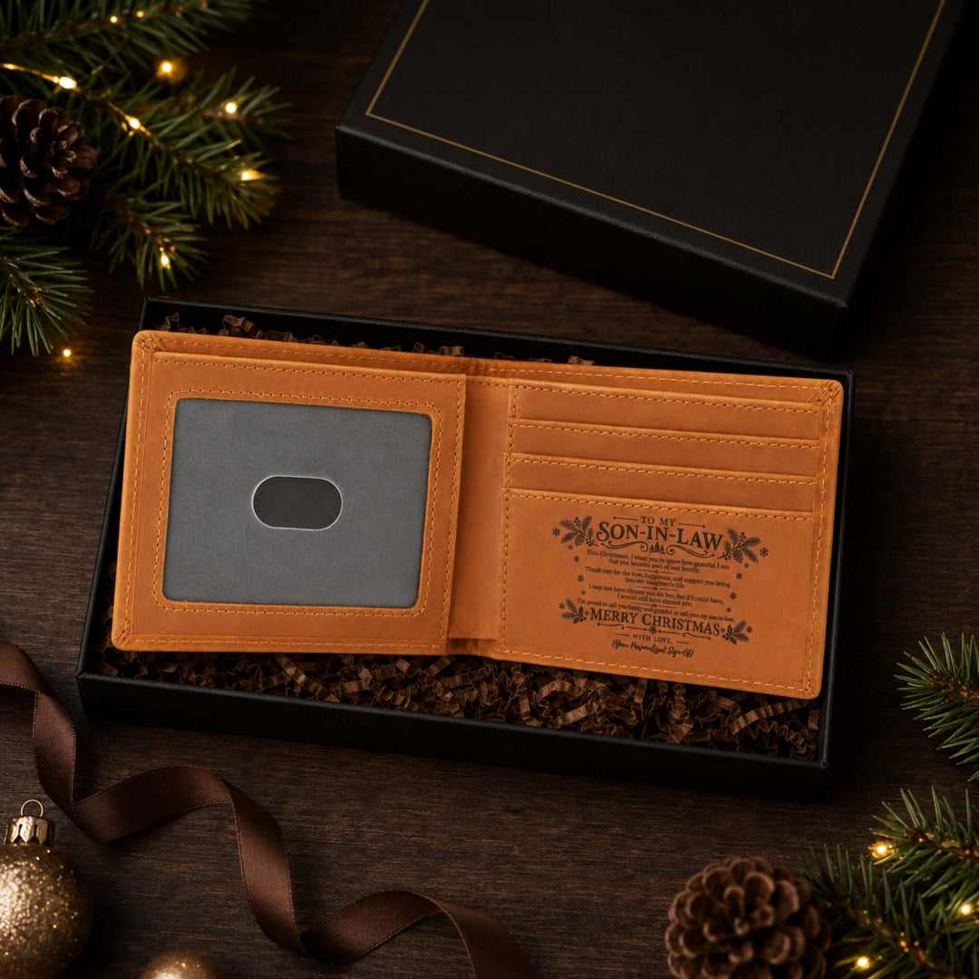 Christmas gift for son-in-law - personalized engraved leather wallet in gift box.
