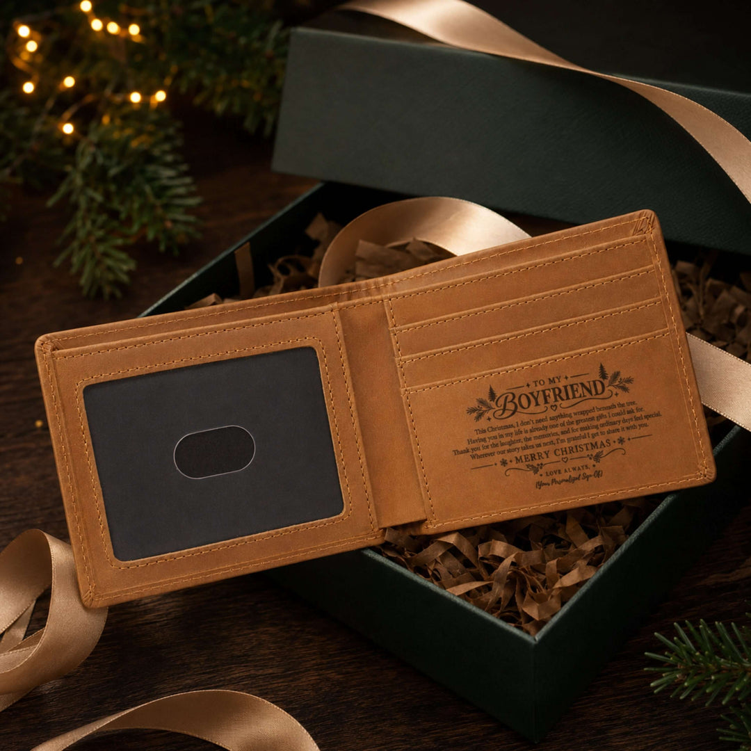 To My Boyfriend personalized Christmas engraved wallet inside gift box, a heartfelt Christmas gift for boyfriend wallet.