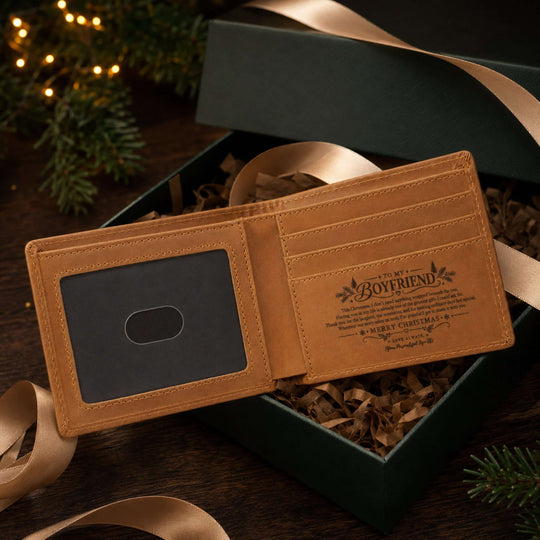 To My Boyfriend personalized Christmas engraved wallet inside gift box, a heartfelt Christmas gift for boyfriend wallet.