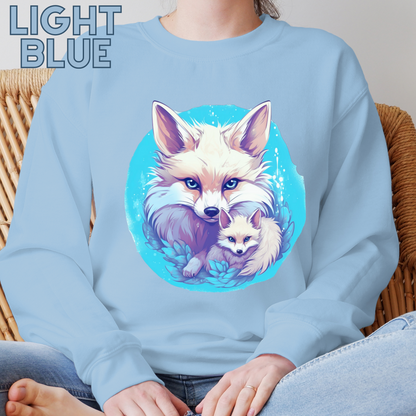 Cozy Cute Fox Cottagecore Sweatshirt | Vintage Forest Witch Aesthetic Sweater with Mommy and Baby Fox Sweatshirt S Light Blue 