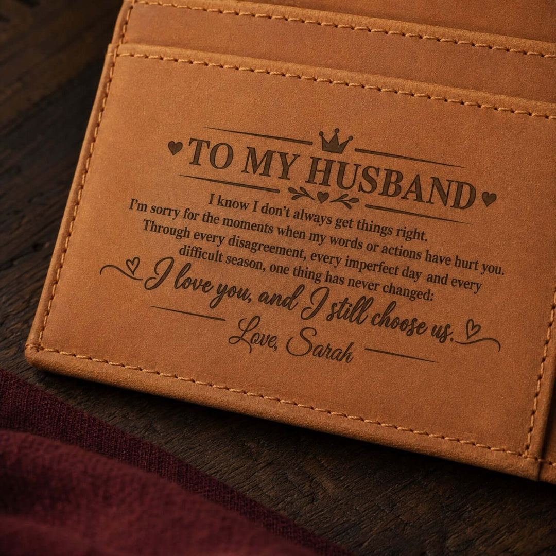 Personalized engraved wallet for husband with apology message inside, perfect apology gift for husband.