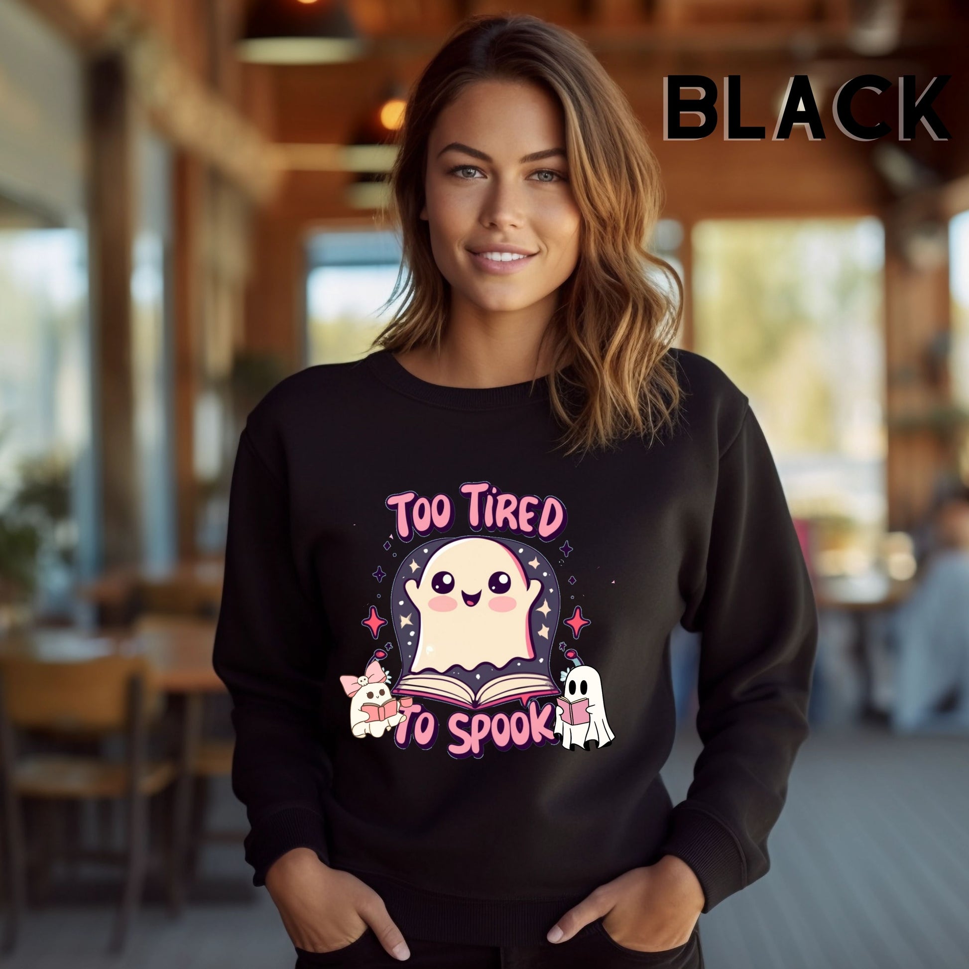 Ghost Reading Books Sweater | Bookish Halloween Sweatshirt - Halloween Teacher Gift, Librarian Halloween Hoodie, Ghost Crewneck - 'Too Tired to Spook' Sweatshirt   