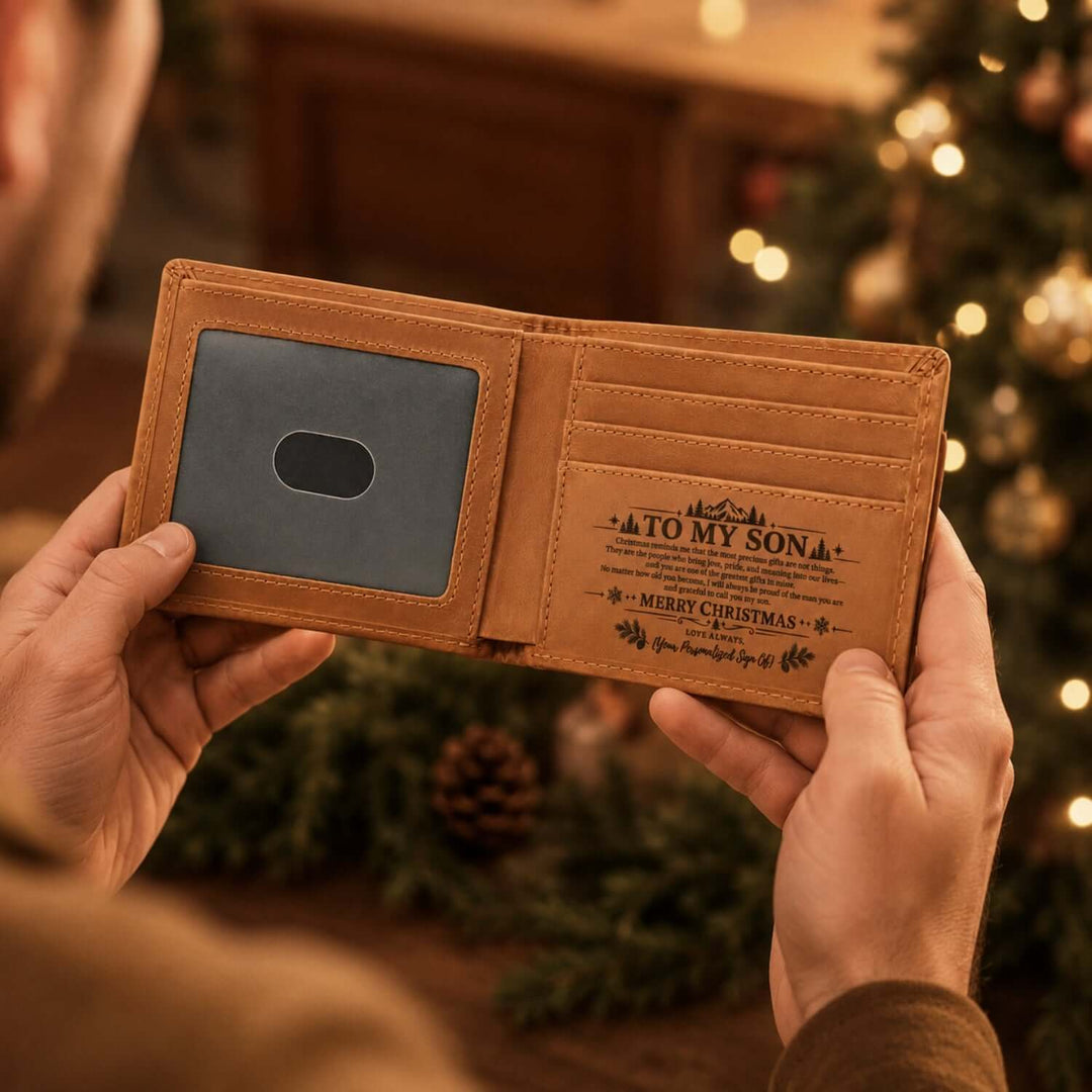 Close-up of engraved leather wallet open to reveal personalized message for son, perfect Christmas gift for son wallet.