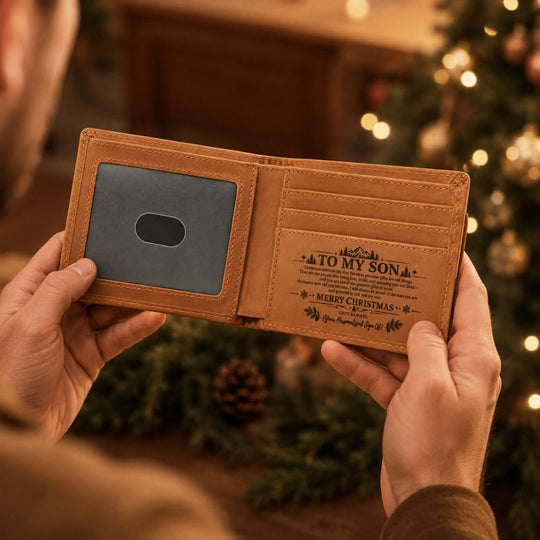 Close-up of engraved leather wallet open to reveal personalized message for son, perfect Christmas gift for son wallet.