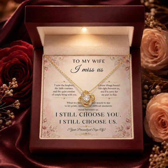 To My Wife – I Miss Us Love Knot Necklace in a gift box with heartfelt message, wife apology necklace.