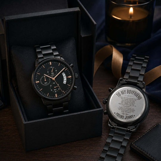Engraved watch for boyfriend in a gift box with personalized message on the back and stylish black design.
