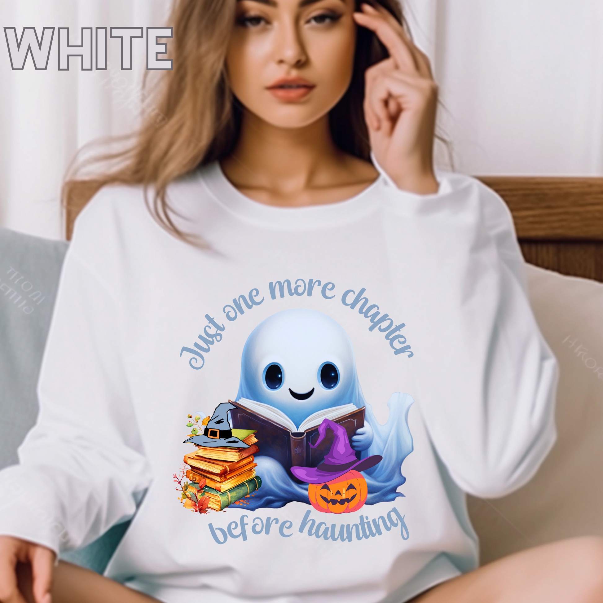 Just One More Chapter Sweatshirt | Book Lover Halloween Sweater - Librarian Sweatshirt - Halloween Student Sweater - Halloween Ghost Book Ghost Sweatshirt   
