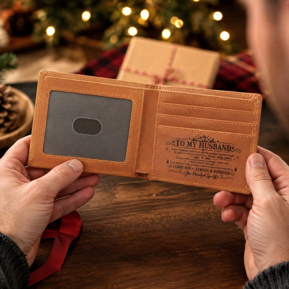 Christmas gift for husband wallet with personalized message inside, held by a person in a cozy setting.