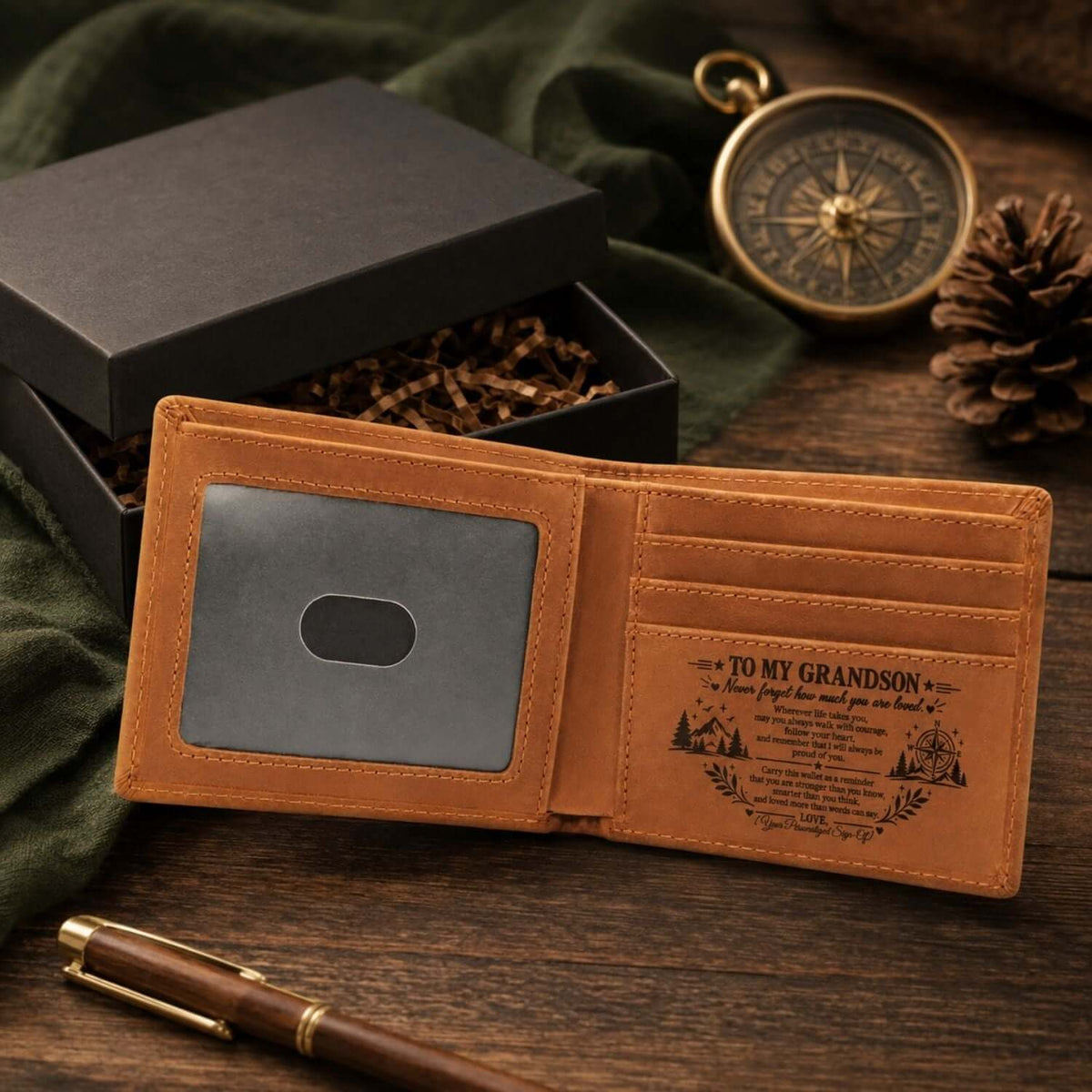 Engraved wallet for grandson placed next to a gift box, featuring a heartfelt message inside.