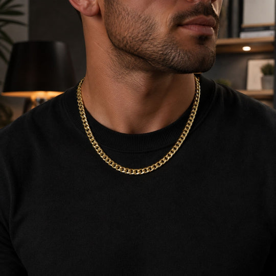 Cuban link chain for boyfriend worn by a man in a stylish outfit, emphasizing its bold design and polished finish.