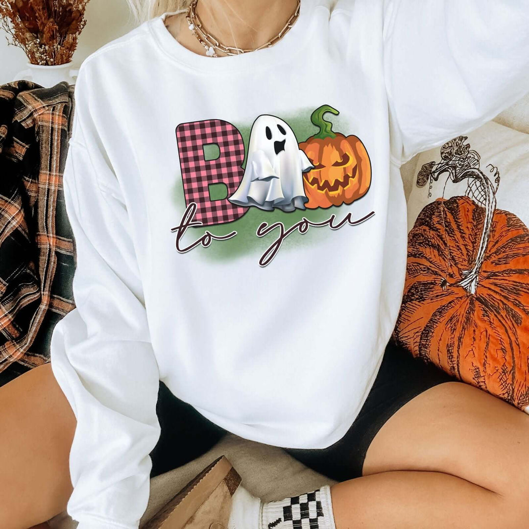 Boo To You! Cute Ghost and Pumpkin Sweatshirt Sweatshirt Printify
