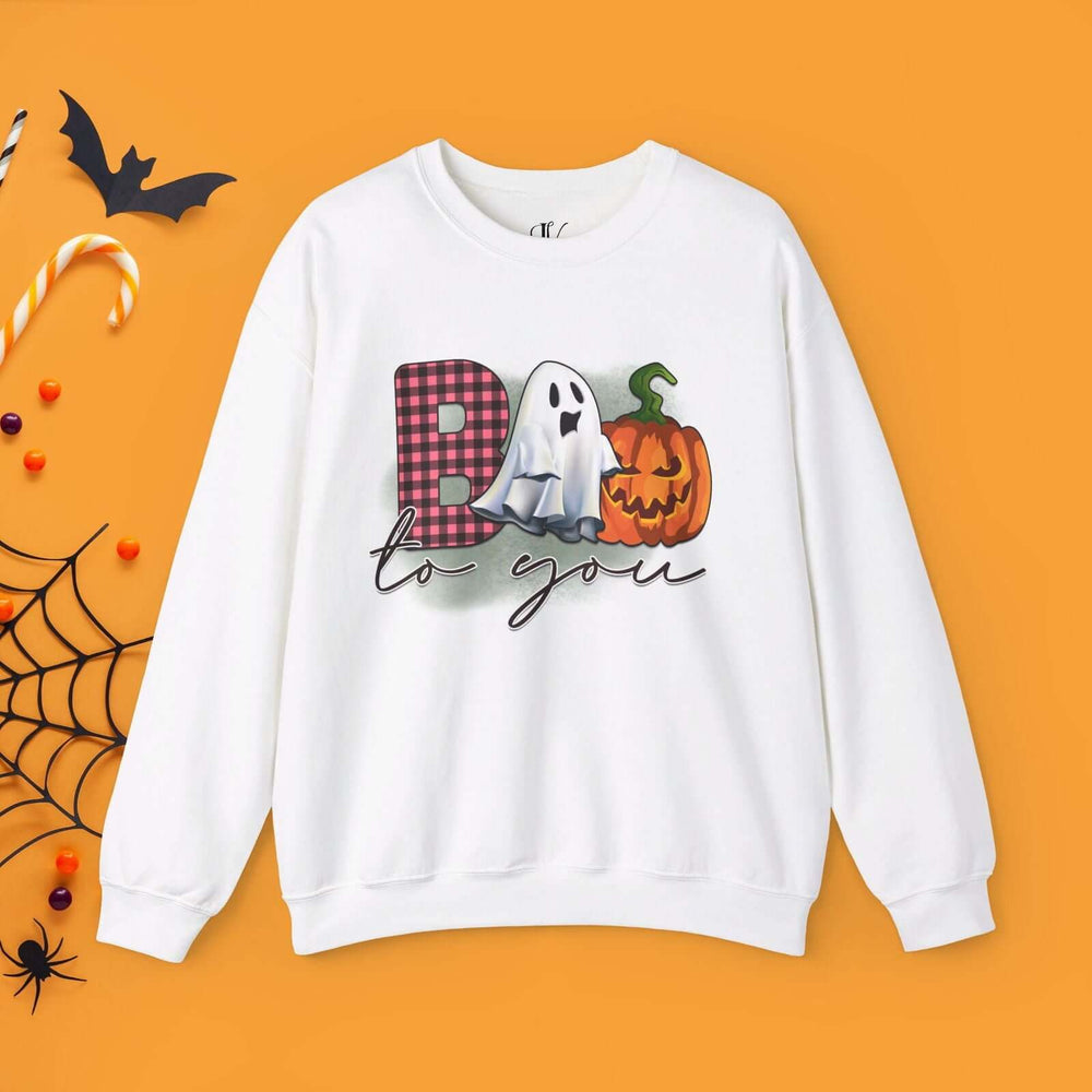 Boo To You! Cute Ghost and Pumpkin Sweatshirt Sweatshirt Printify S White