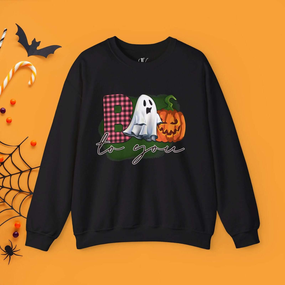 Boo To You! Cute Ghost and Pumpkin Sweatshirt Sweatshirt Printify S Black