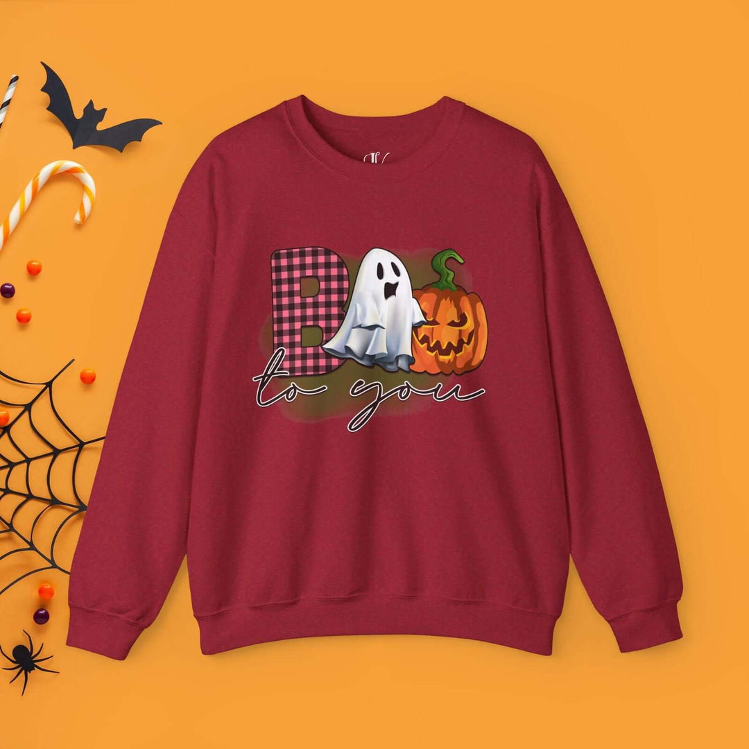 Boo To You! Cute Ghost and Pumpkin Sweatshirt Sweatshirt Printify S Antique Cherry Red