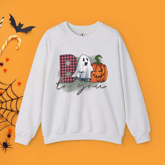 Boo To You! Cute Ghost and Pumpkin Sweatshirt Sweatshirt Printify S Ash