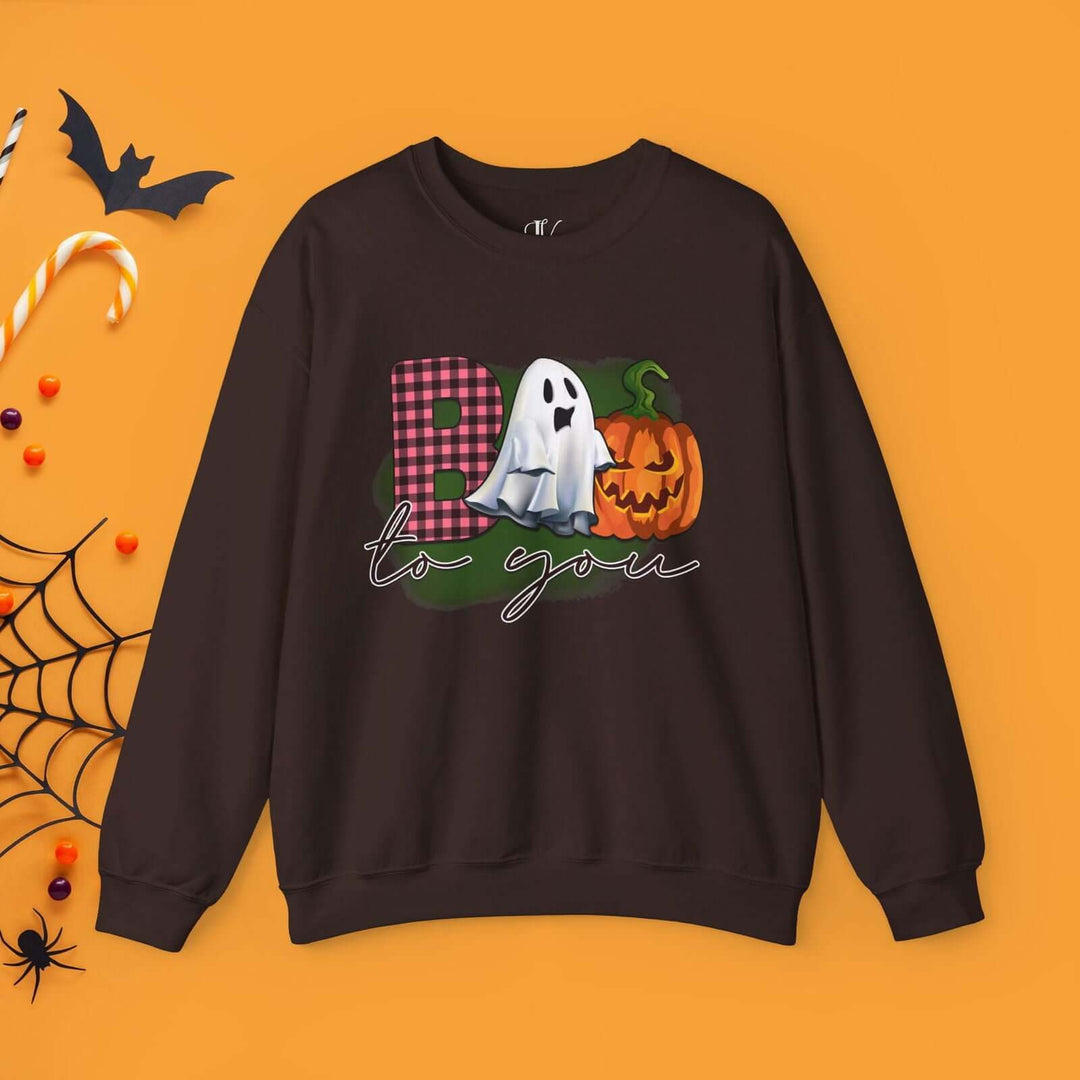 Boo To You! Cute Ghost and Pumpkin Sweatshirt Sweatshirt Printify S Dark Chocolate