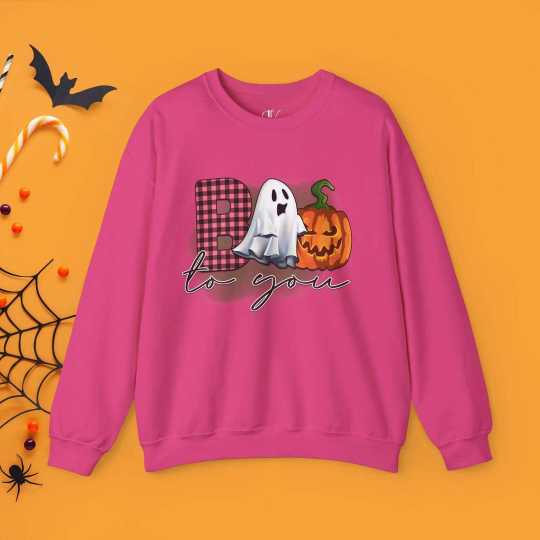 Boo To You! Cute Ghost and Pumpkin Sweatshirt Sweatshirt Printify S Heliconia