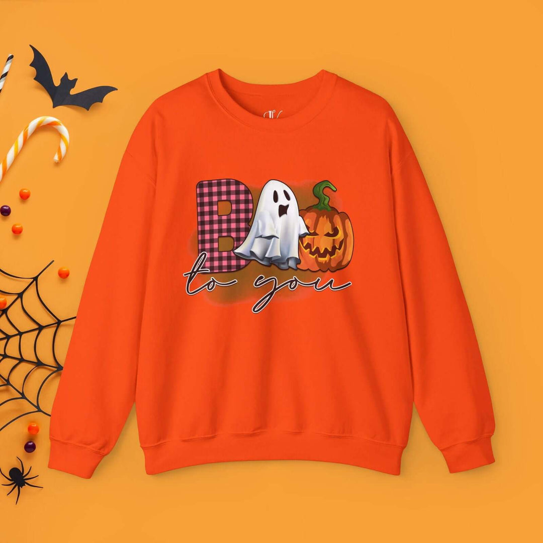 Boo To You! Cute Ghost and Pumpkin Sweatshirt Sweatshirt Printify S Orange