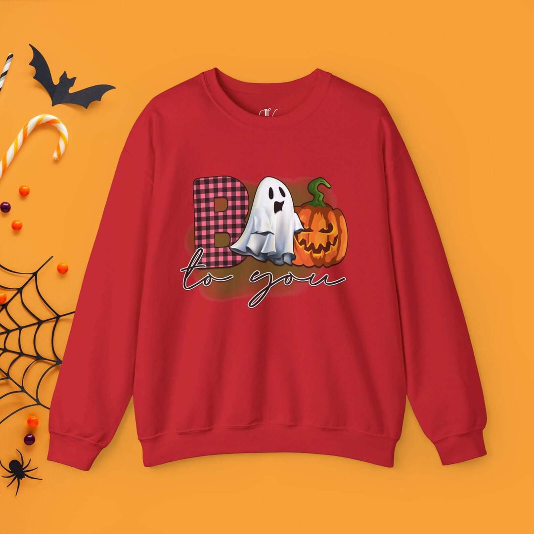 Boo To You! Cute Ghost and Pumpkin Sweatshirt Sweatshirt Printify S Red