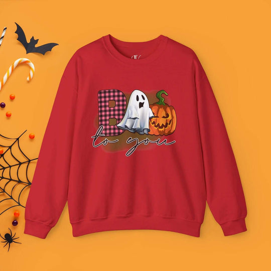 Boo To You! Cute Ghost and Pumpkin Sweatshirt Sweatshirt Printify S Red