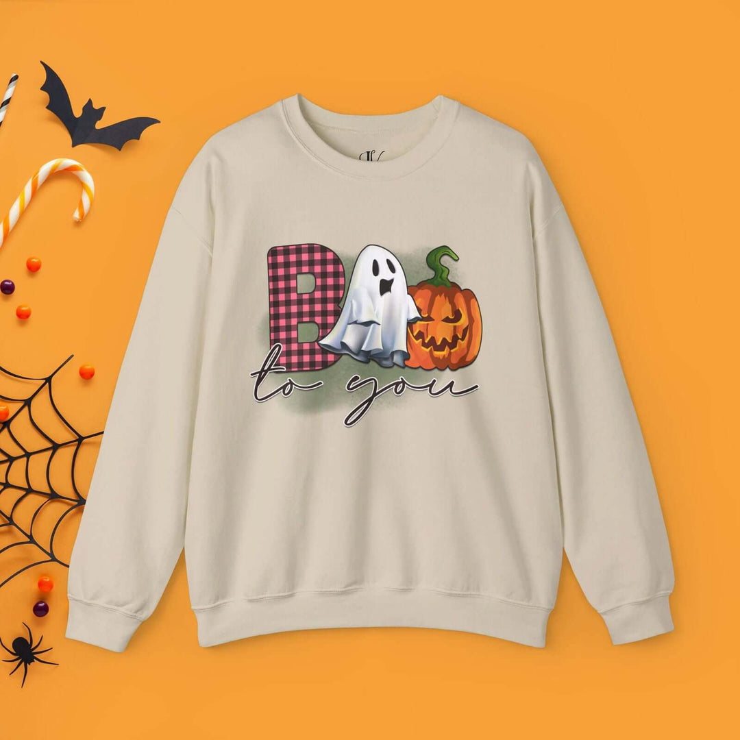 Boo To You! Cute Ghost and Pumpkin Sweatshirt Sweatshirt Printify S Sand
