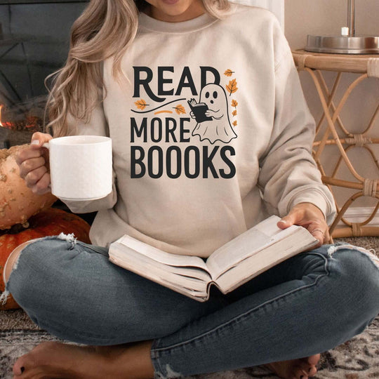 Bookworm Ghost: Spooky Halloween Sweatshirt Sweatshirt Printify