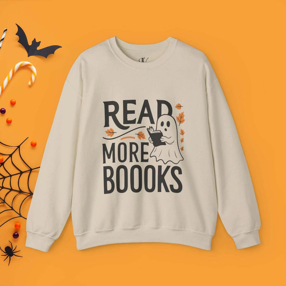 Bookworm Ghost: Spooky Halloween Sweatshirt Sweatshirt Printify S Sand
