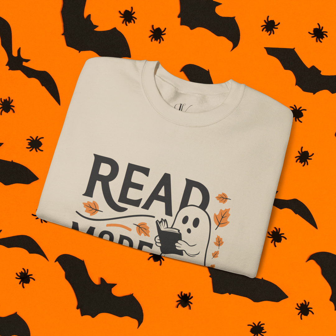 Bookworm Ghost: Spooky Halloween Sweatshirt Sweatshirt Printify