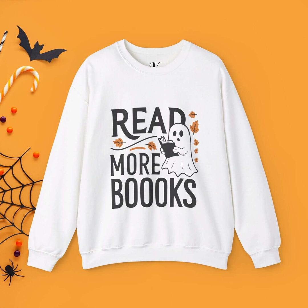 Bookworm Ghost: Spooky Halloween Sweatshirt Sweatshirt Printify S White