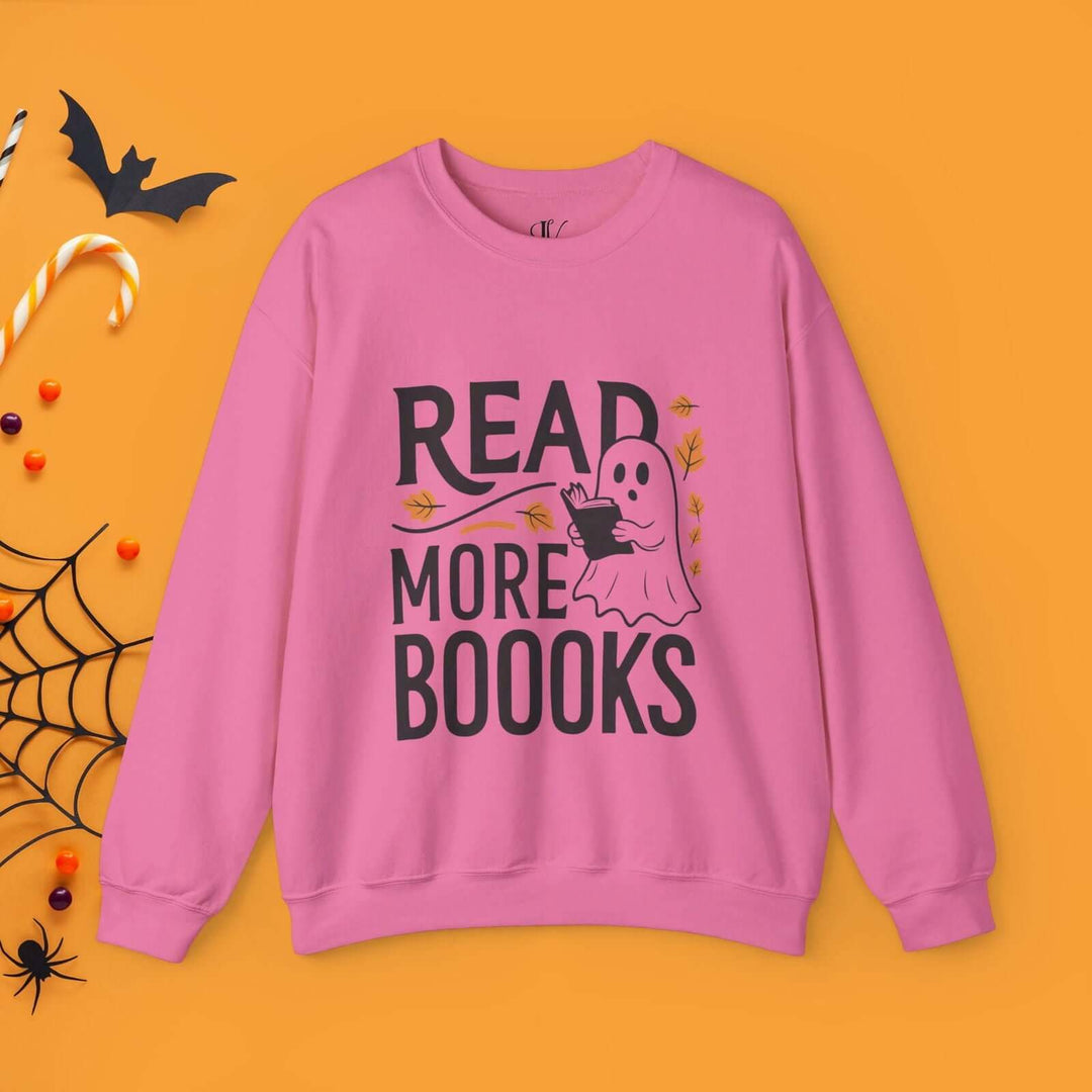Bookworm Ghost: Spooky Halloween Sweatshirt Sweatshirt Printify S Safety Pink