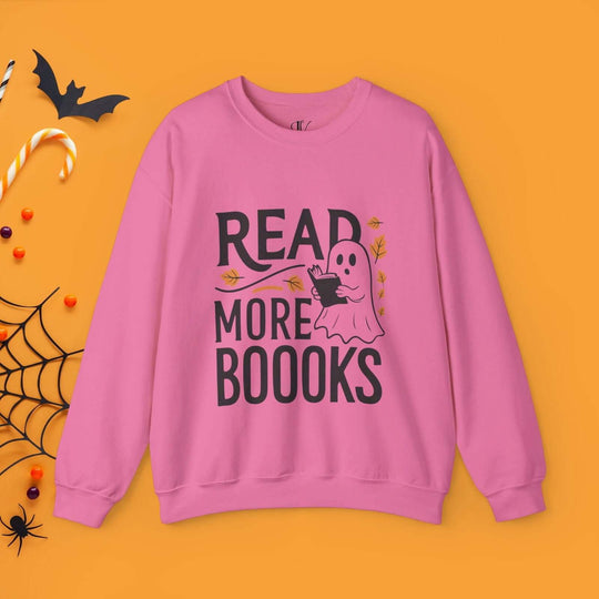 Bookworm Ghost: Spooky Halloween Sweatshirt Sweatshirt Printify S Safety Pink