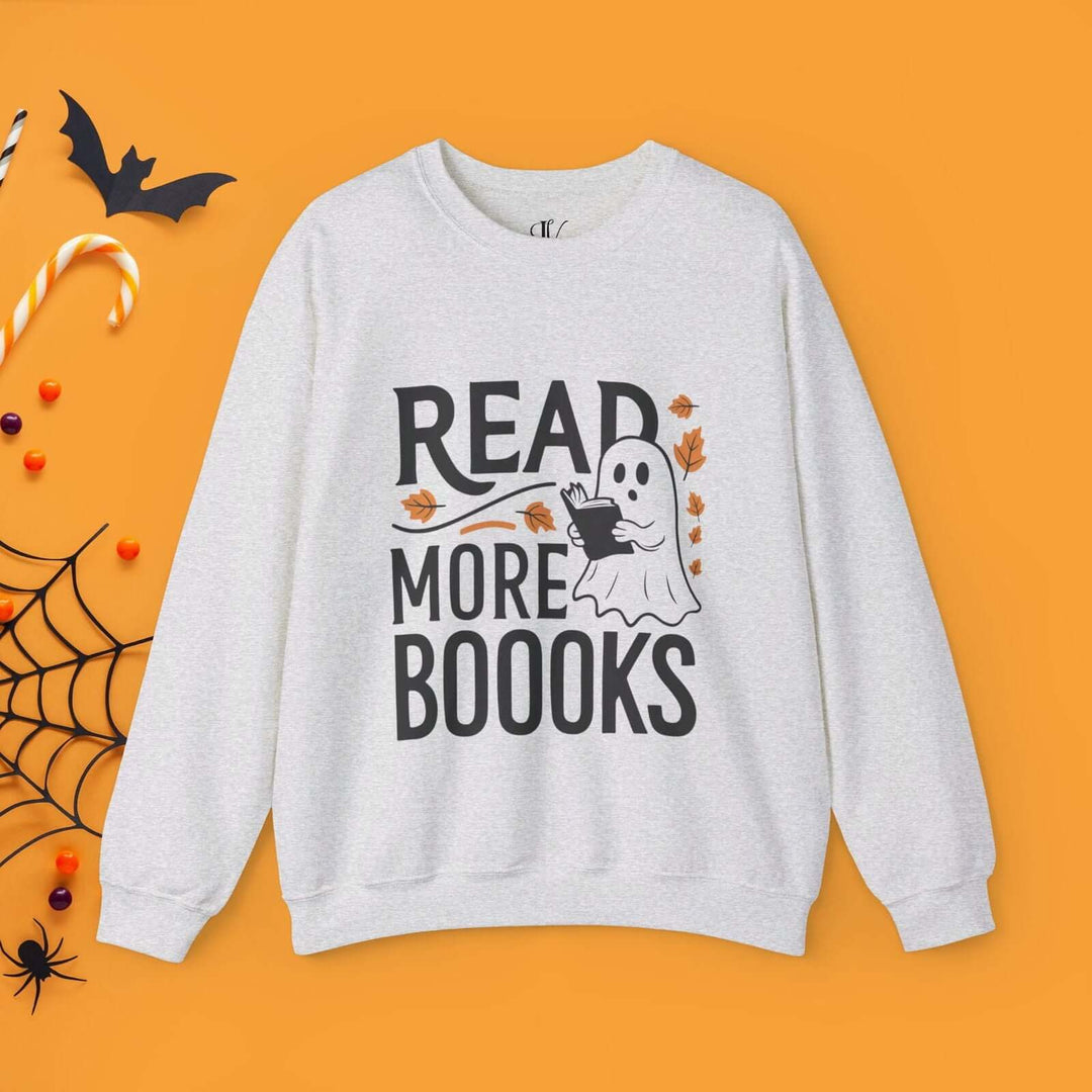 Bookworm Ghost: Spooky Halloween Sweatshirt Sweatshirt Printify S Ash