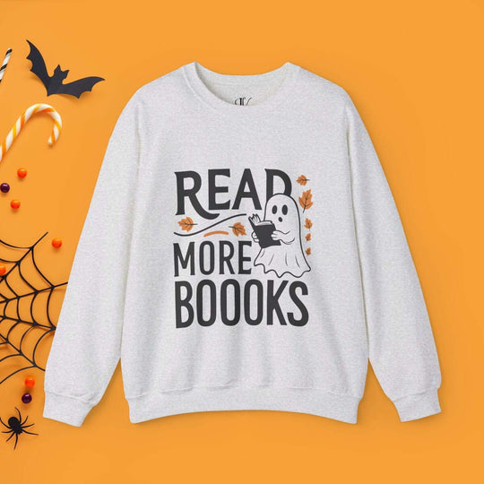 Bookworm Ghost: Spooky Halloween Sweatshirt Sweatshirt Printify S Ash