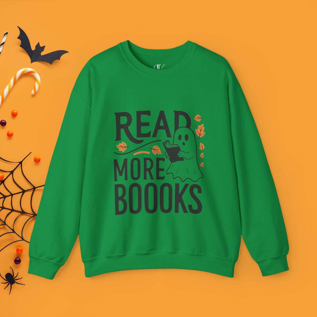 Bookworm Ghost: Spooky Halloween Sweatshirt Sweatshirt Printify S Irish Green