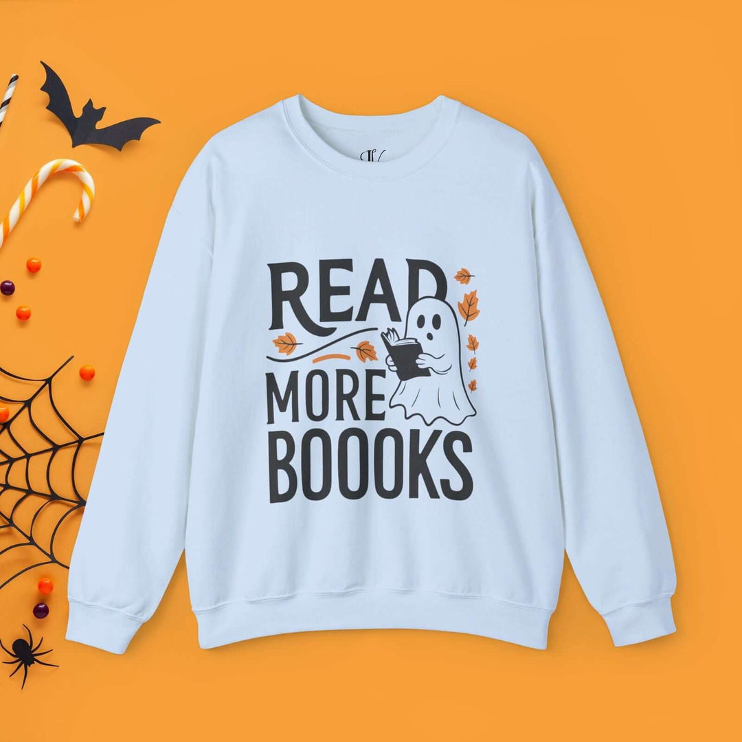 Bookworm Ghost: Spooky Halloween Sweatshirt Sweatshirt Printify S Light Blue