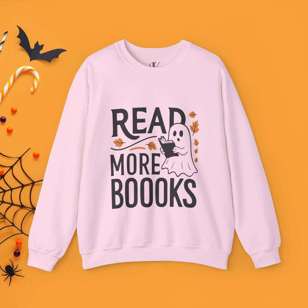 Bookworm Ghost: Spooky Halloween Sweatshirt Sweatshirt Printify S Light Pink