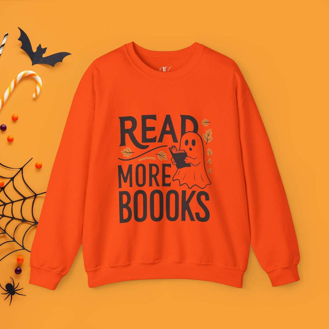 Bookworm Ghost: Spooky Halloween Sweatshirt Sweatshirt Printify S Orange