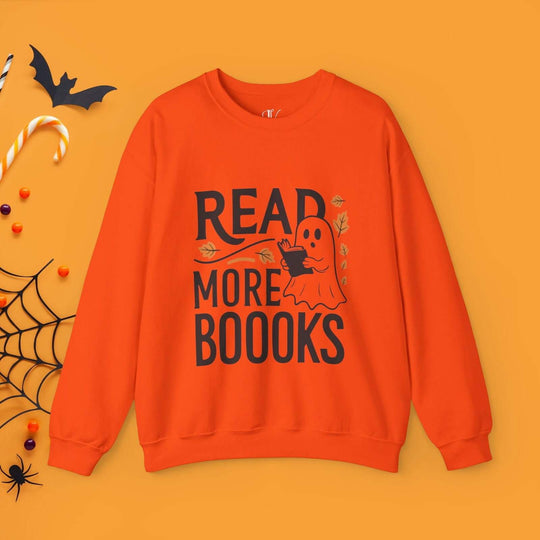 Bookworm Ghost: Spooky Halloween Sweatshirt Sweatshirt Printify S Orange