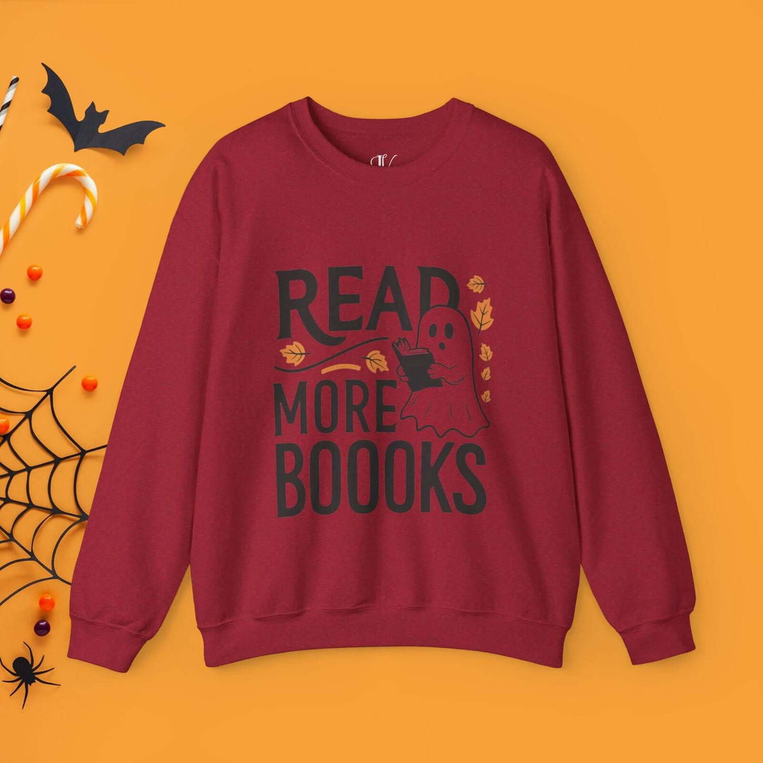 Bookworm Ghost: Spooky Halloween Sweatshirt Sweatshirt Printify S Antique Cherry Red