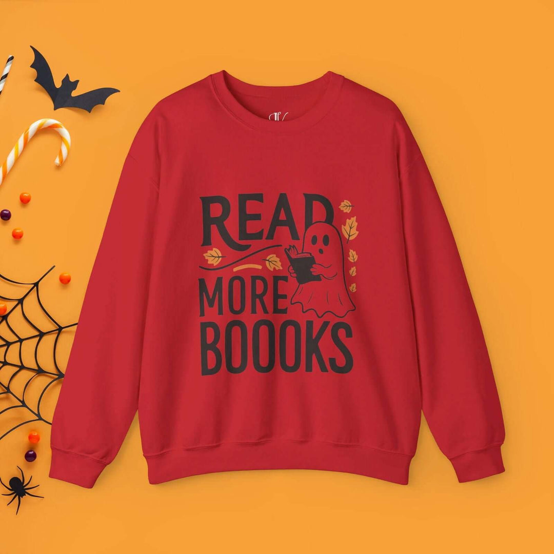 Bookworm Ghost: Spooky Halloween Sweatshirt Sweatshirt Printify S Red