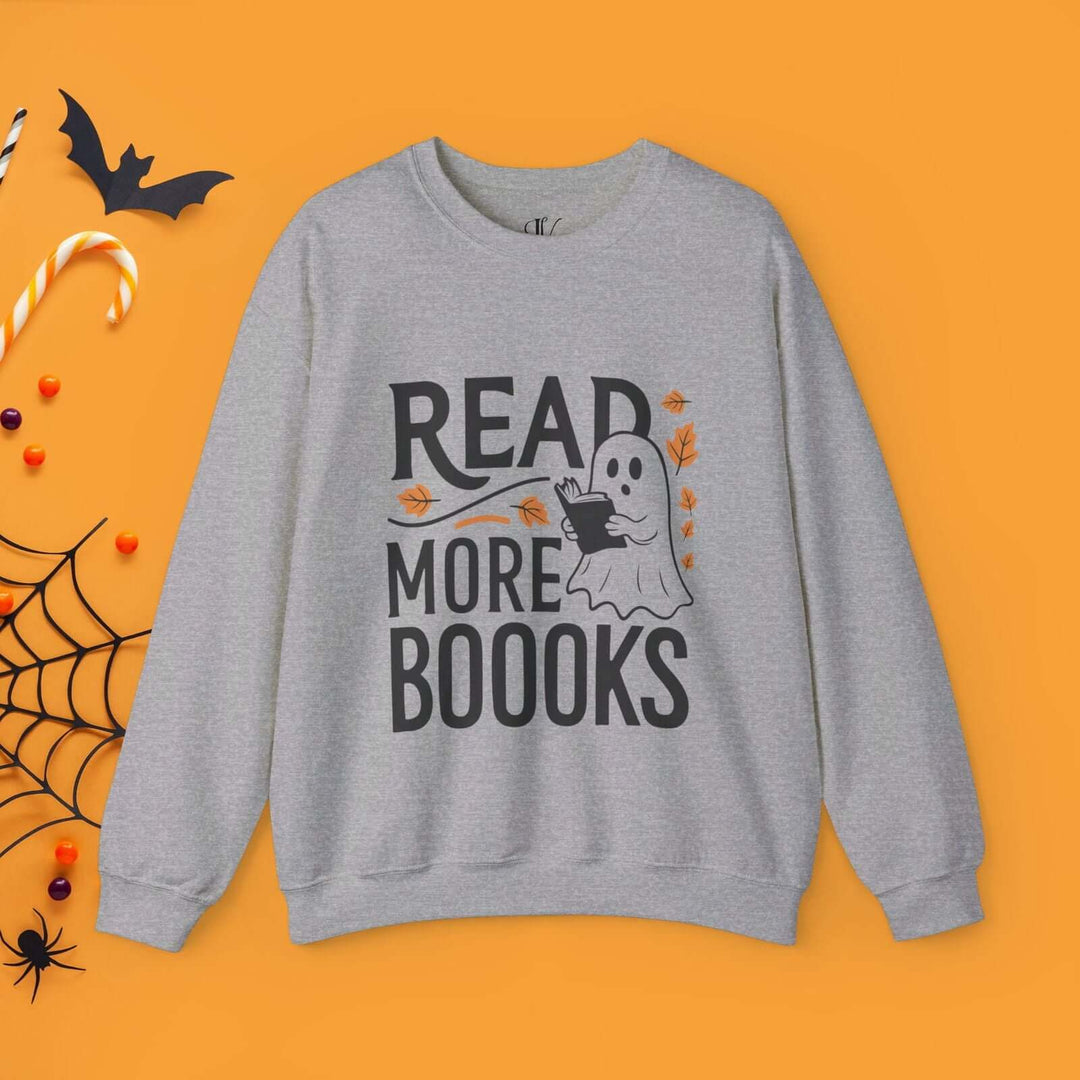 Bookworm Ghost: Spooky Halloween Sweatshirt Sweatshirt Printify S Sport Grey