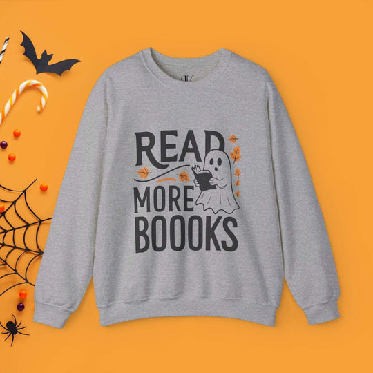 Bookworm Ghost: Spooky Halloween Sweatshirt Sweatshirt Printify S Sport Grey