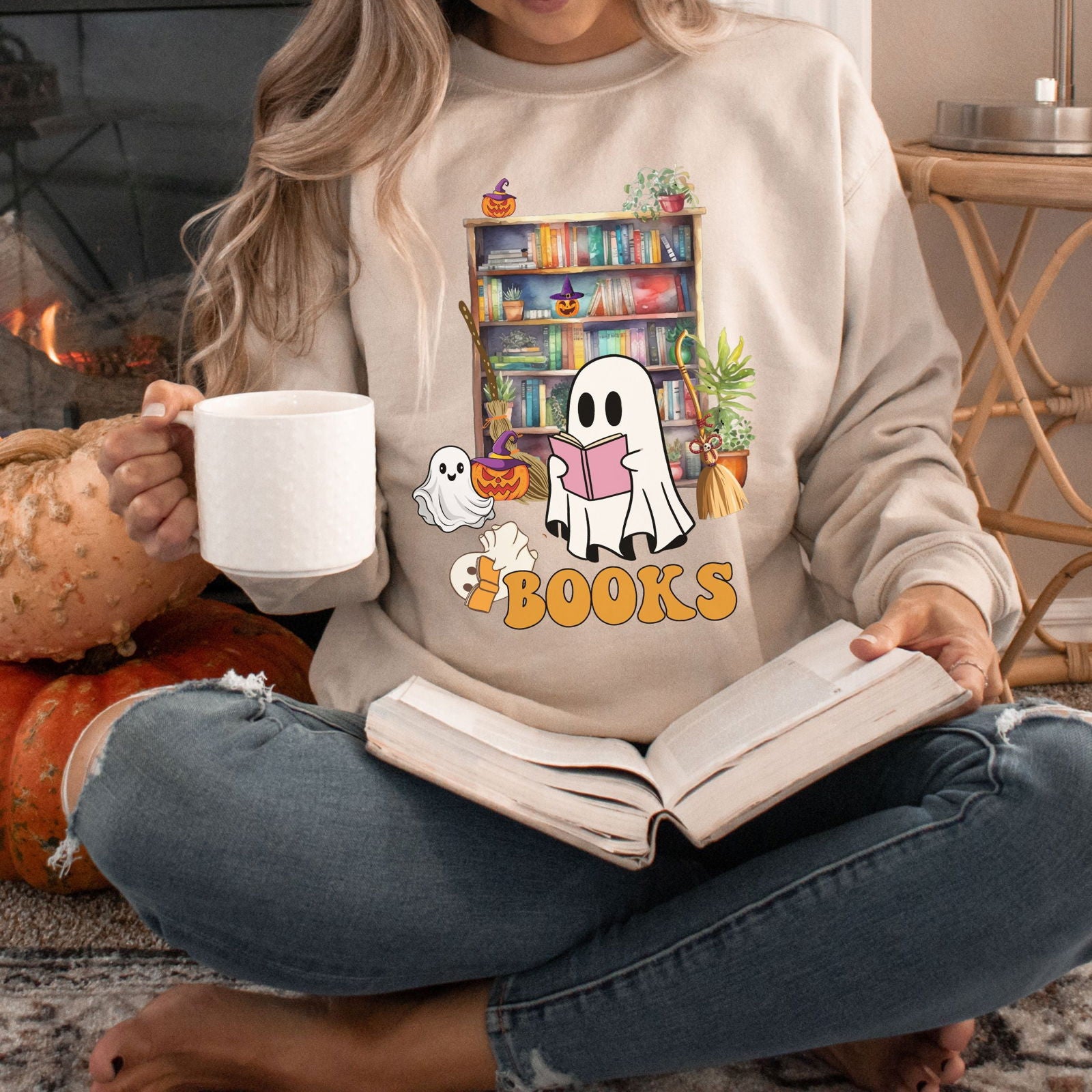 Bookworm Witch Fall Sweatshirt: "BOOKS" Design, Ghosts & Pumpkins Sweatshirt Printify