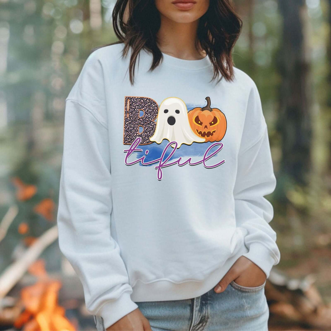 Bootiful Halloween Sweatshirt: Ghost and Pumpkin Design Sweatshirt Printify