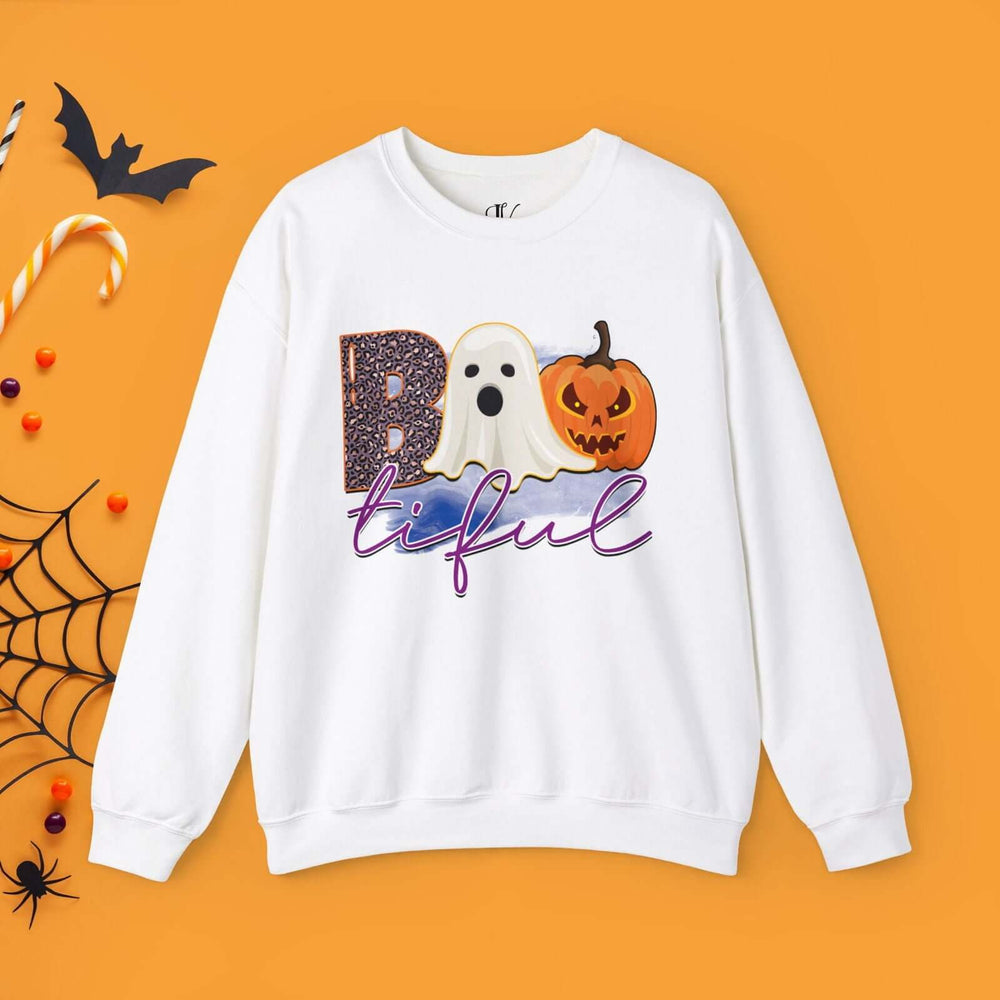 Bootiful Halloween Sweatshirt: Ghost and Pumpkin Design Sweatshirt Printify S White
